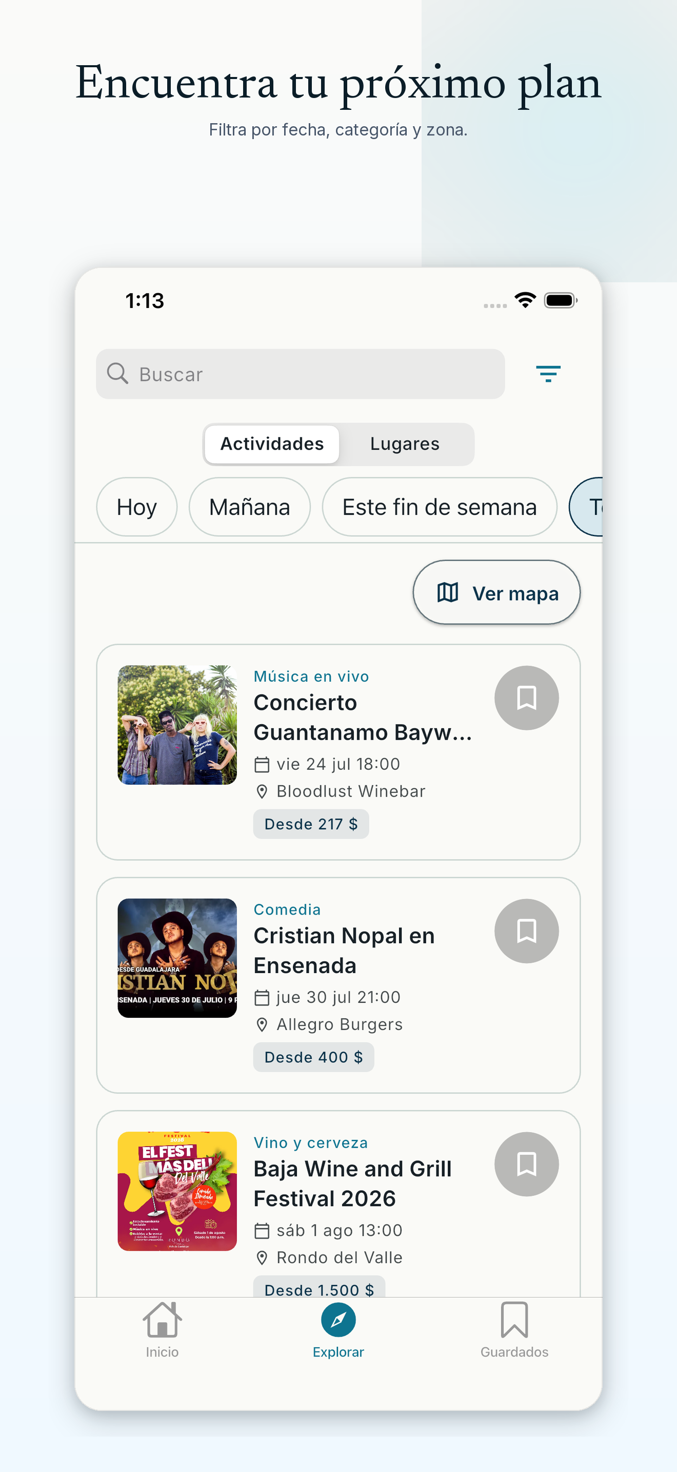 Pantalla de explorar actividades