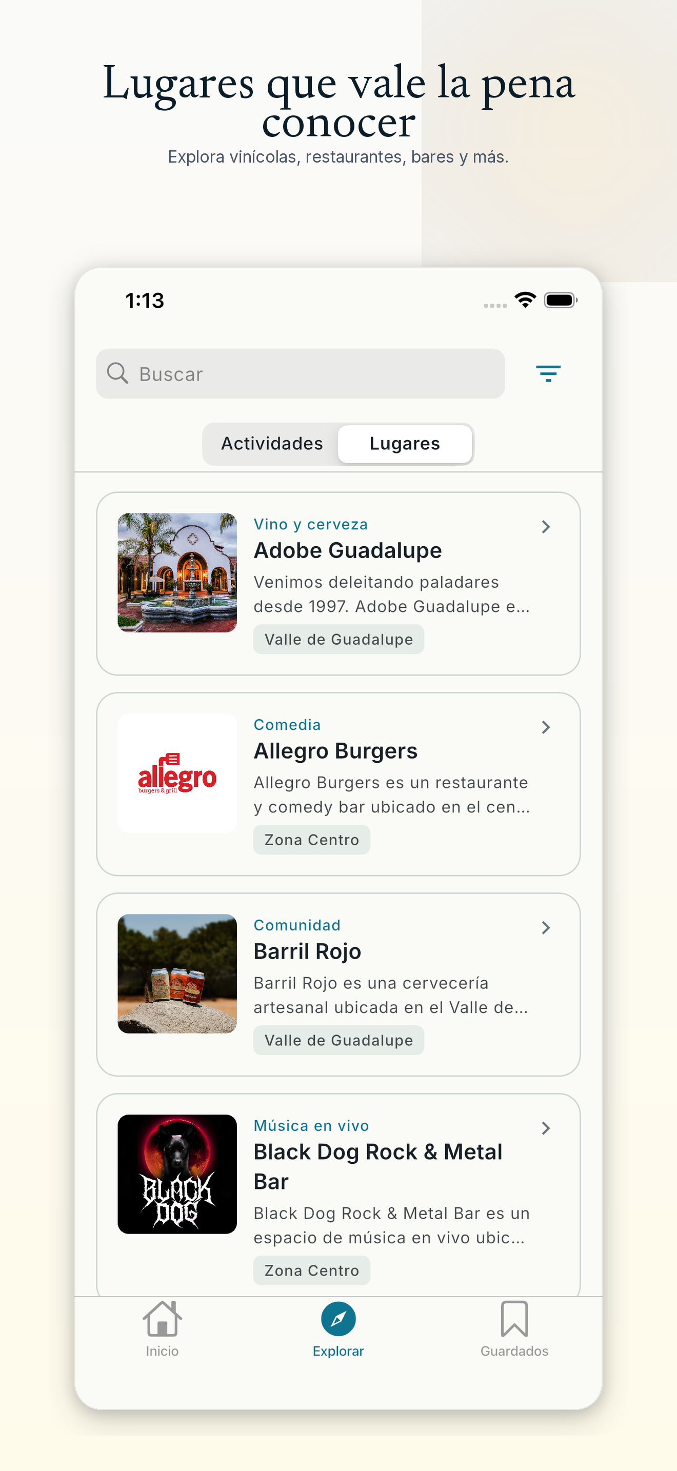 Pantalla de explorar lugares